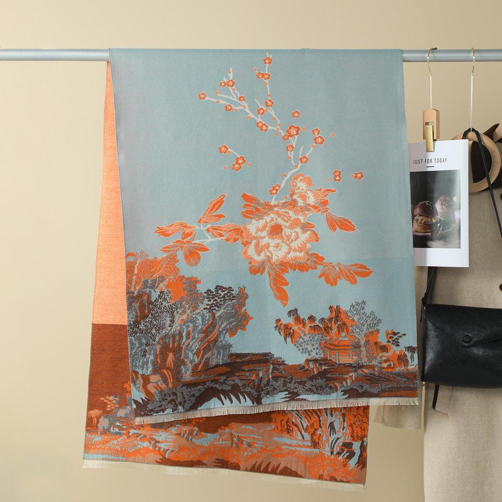 Double-Sided Women's Winter Ink Painting Snood: Imitation Cashmere Scarf for Air-Conditioned Rooms.