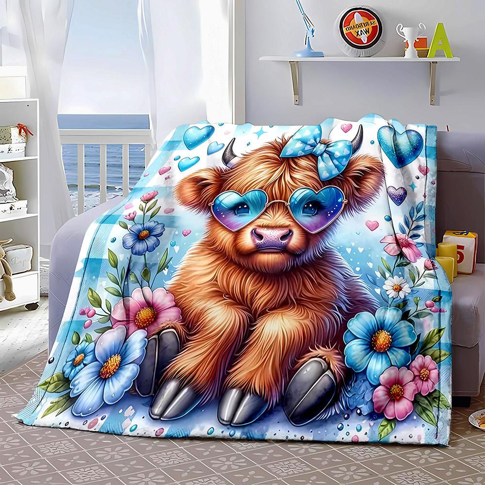 Cartoon Cow Print Flannel Throw Blanket Soft Reversible Machine Washable Couch Bed Office Camping Gift