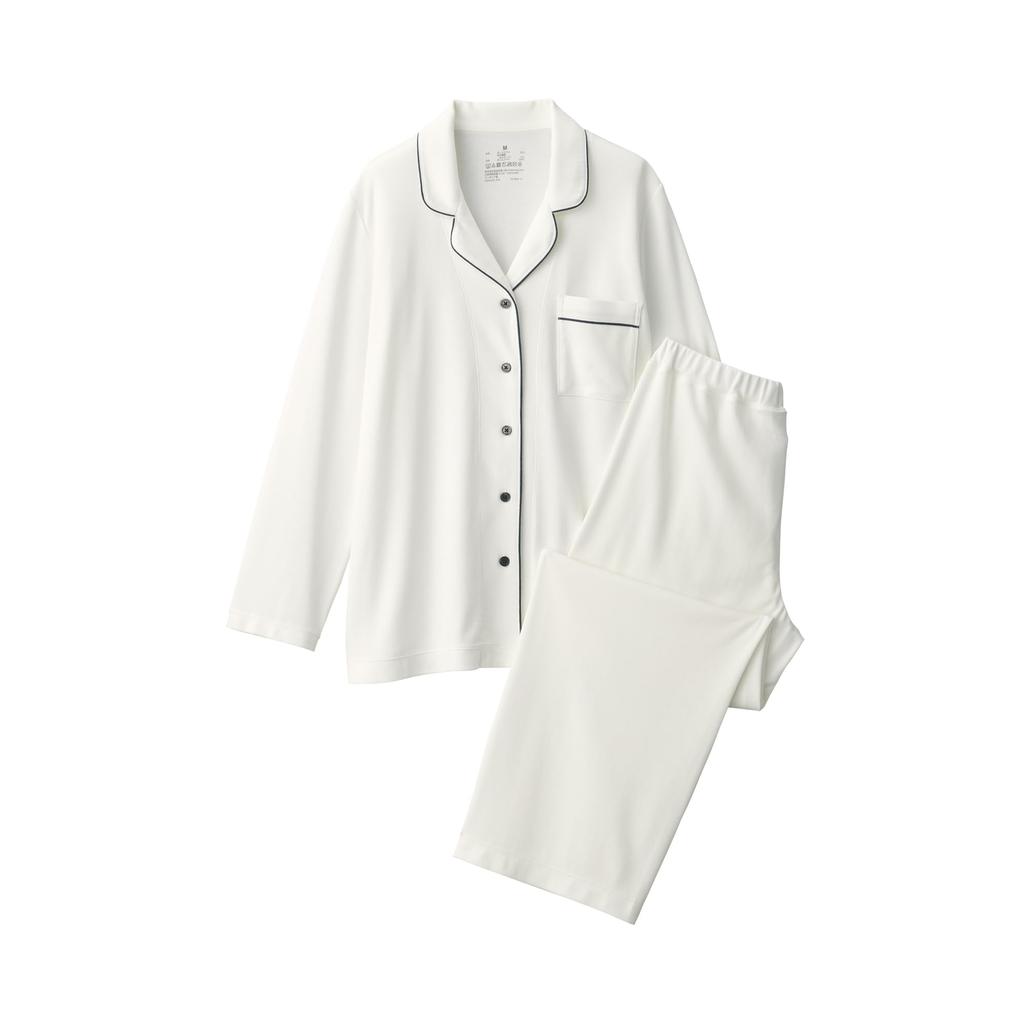 MUJI Women's Seamless Side Pajamas, Smooth Cut and Sew Long Sleeves, Off-White, Size XL, FD1L6A5S