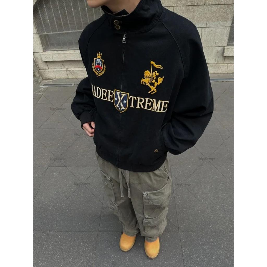 RogueWave American Retro Vintage Embroidered Trendy Zipper Jacket Men Hip Hop Lapel Bomber Jacket Y2K Streetwear Loose Casual Coats