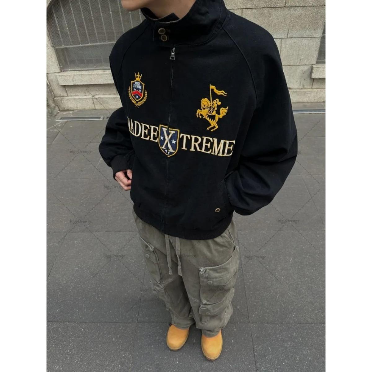 

Американская Ретро Винтажная Вышитая Модная Куртка на Молнии Мужская Хип-Хоп Куртка-Бомбер с Лацканами Y2K Уличная Одежда Свободные Повседневные Пальто XXXL