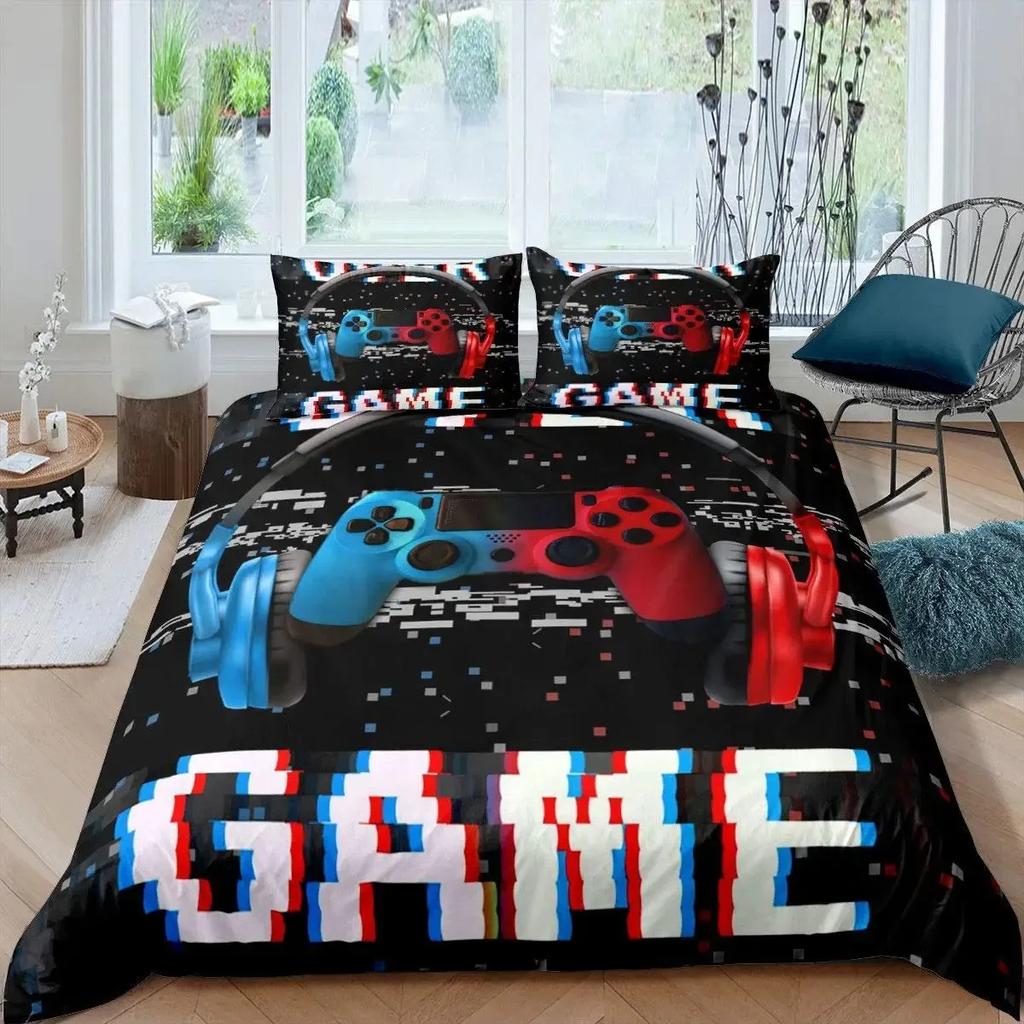 Gamer Duvet Cover Set Rotating Music Comforter Cover Gamepad Gaming Bedding Set for Boys Headphone Bedspreads Cover Queen Size