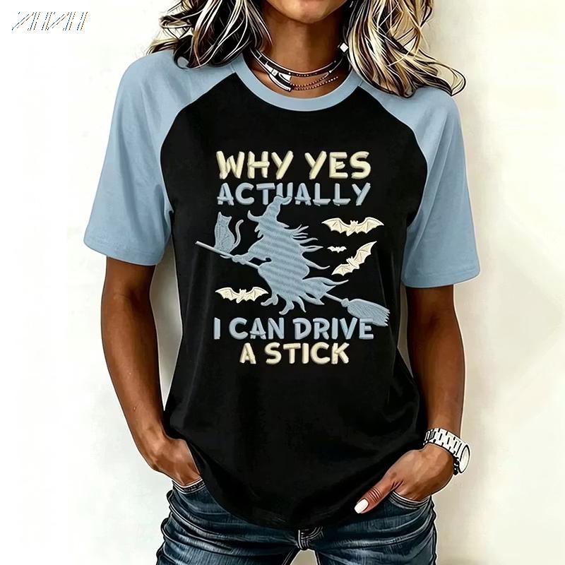 Women Halloween Witch Broom Graphic Raglan T‑Shirt Casual Short Sleeve Crew Neck Top Fall Festival Party Tee