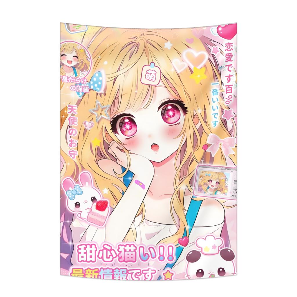 Sweet Anime Girl Tapestry Kawaii Cartoon Style With Cute Animals And Japanese Phrases Wall Decor Background Cloth