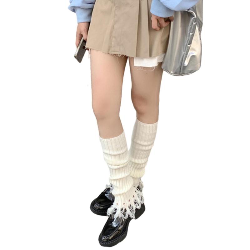 Damen Lolita Strick-Langsocken Beinstulpen Y2K Stiefelsocken Winter Knöchel-Fersen-Socken Harajuku Zerstörte Beinwärmer Socken
