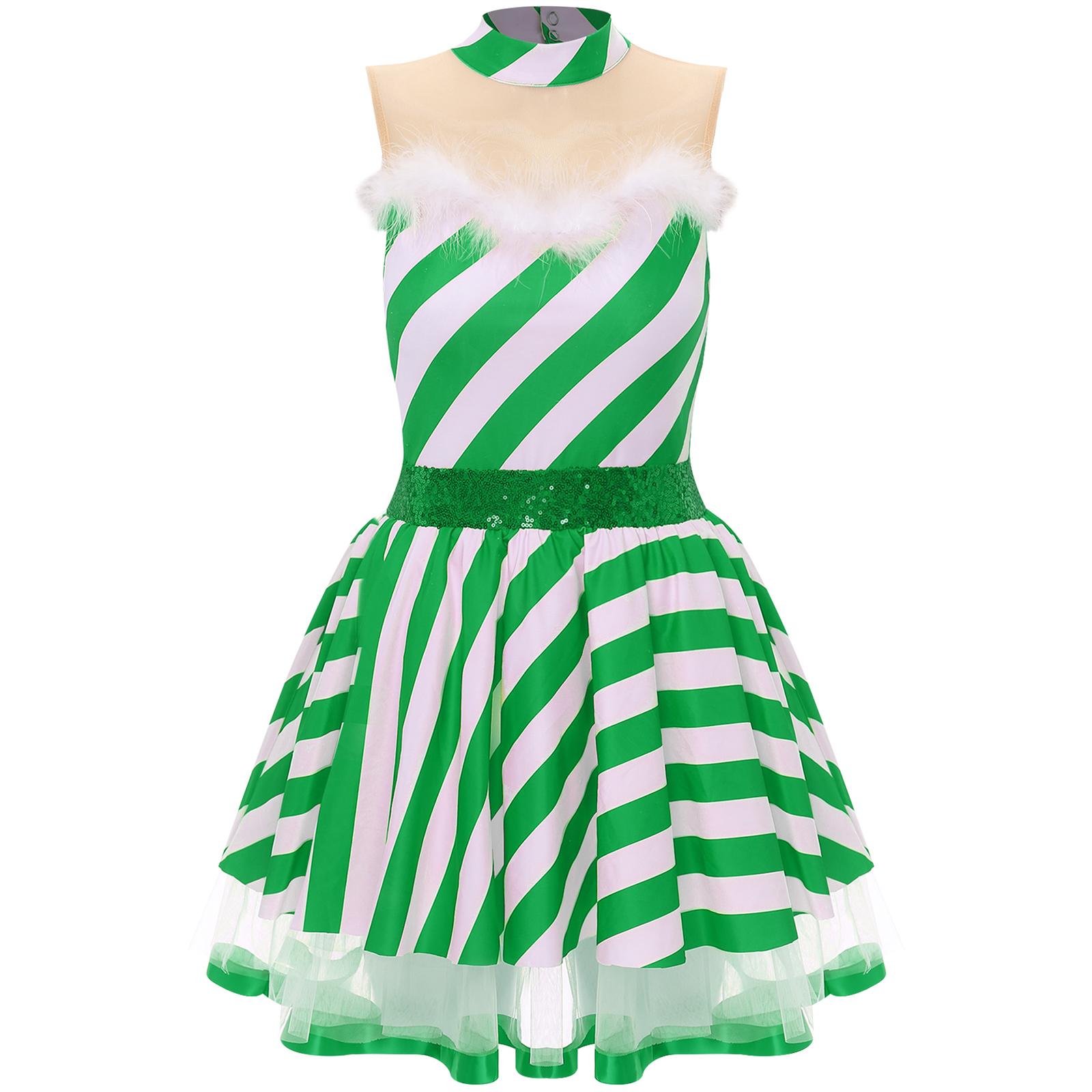 

Women Christmas Party Candy Cane Costume Sleeveless Sequins Striped Tutu Dress Dance Dress Figure Skating Bodysuit S зелений
