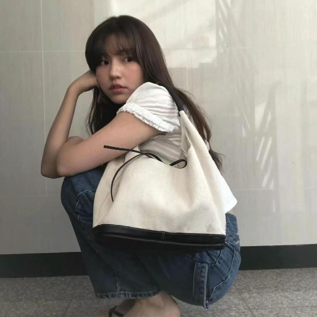 Korean Bow Denim Canvas Patchwork Shoulder Tote Bag - Casual, Large Capacity, Lazy Style for Women