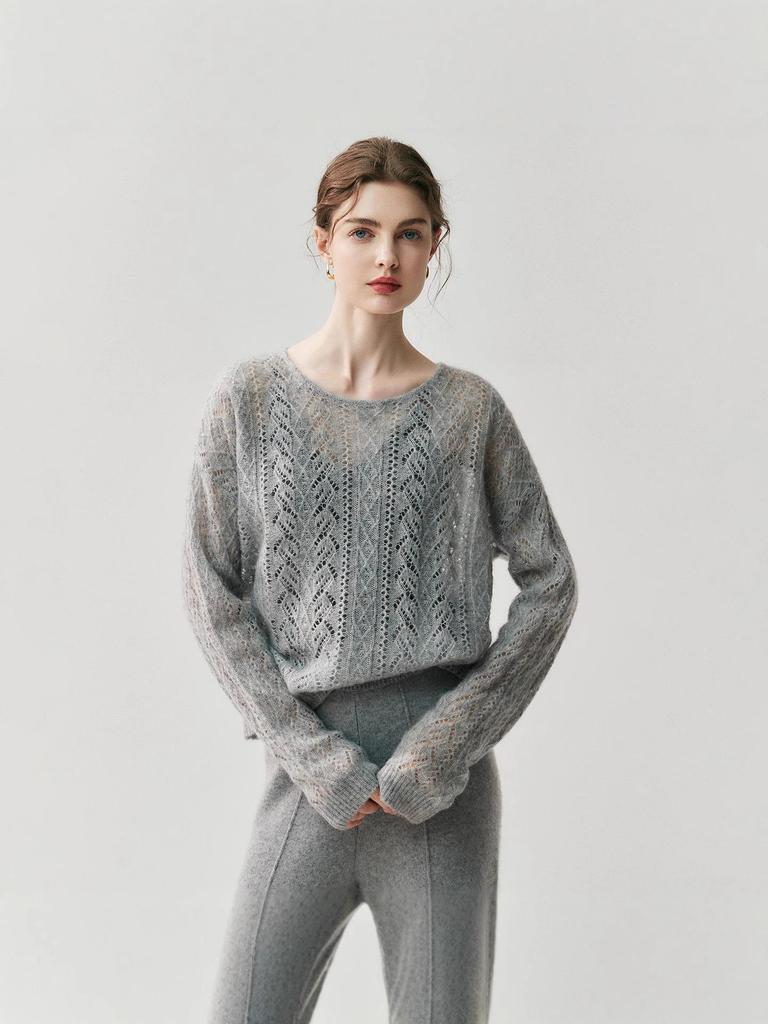Loose Velvet Cashmere Sweater: 2025 Autumn/Winter Round Neck Hollow Knit Women's Cardigan