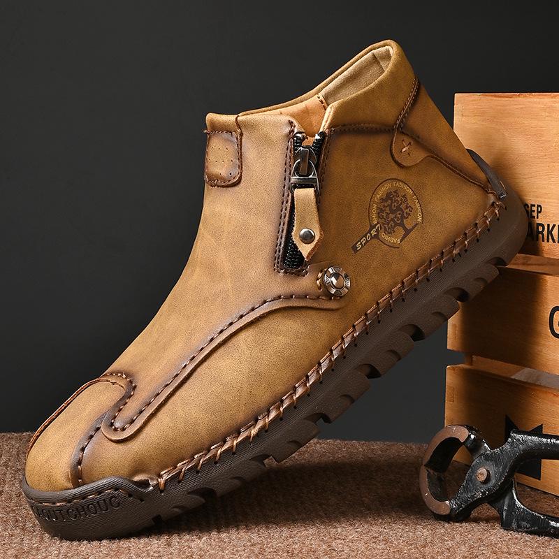 Autumn/Winter Men's Mid-Top Leather Slip-On Martin Boots - Large Size, Handmade, Stitched, Business Style.