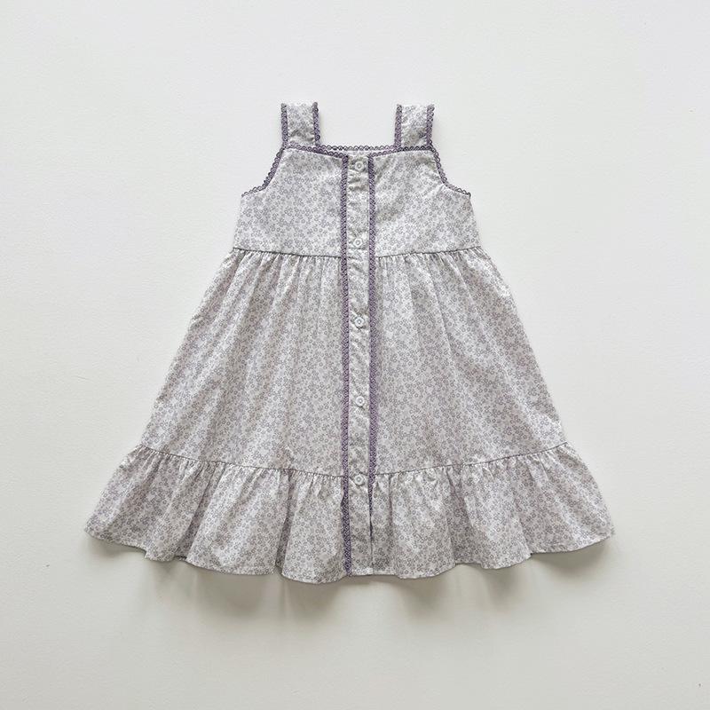 Girls Summer Vintage Lace Trim Printed Dress Sleeveless Floral Party Dress For Kids Children Clothing 90cm