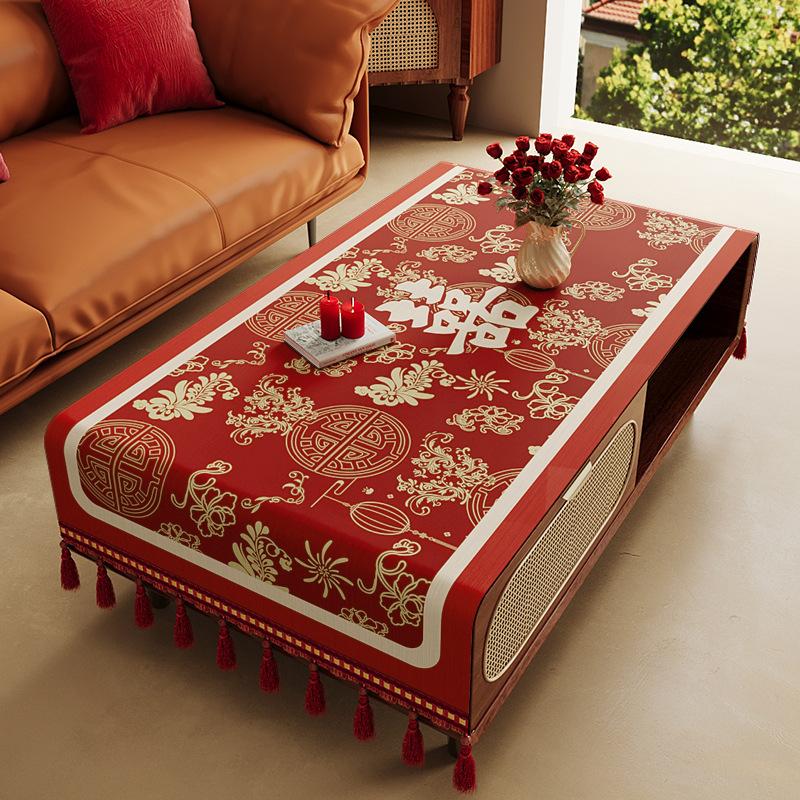 Red Festive Living Room Wedding Coffee Table Tablecloth Atmosphere Engagement Rectangular Dining Table Tablecloth Desktop Dust Cover