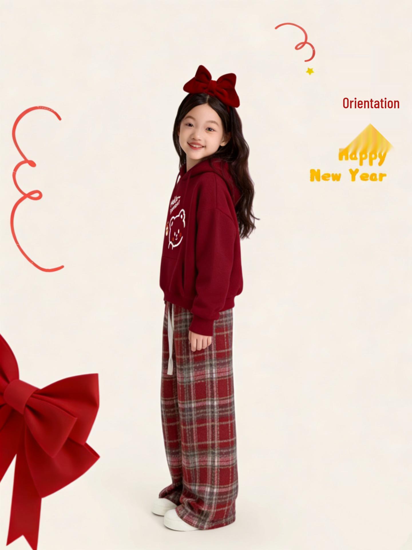 Модный зимний комплект для девочек: красный флисовый худи и штаны, коллекция 2026 Height 140cm