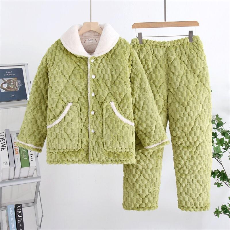 Thickened pajamas women's winter three-layer coral fleece padded cotton can be worn outside, plus sweet loungewear set