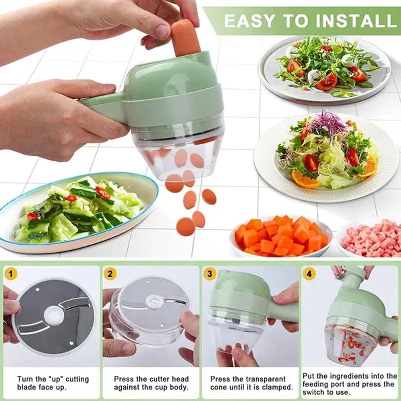 4 In 1 Handheld Electric Vegetable Cutter Set Slicer Garlic Vegetable Crusher Kitchen Tool USB Charging Ginger Masher Machine