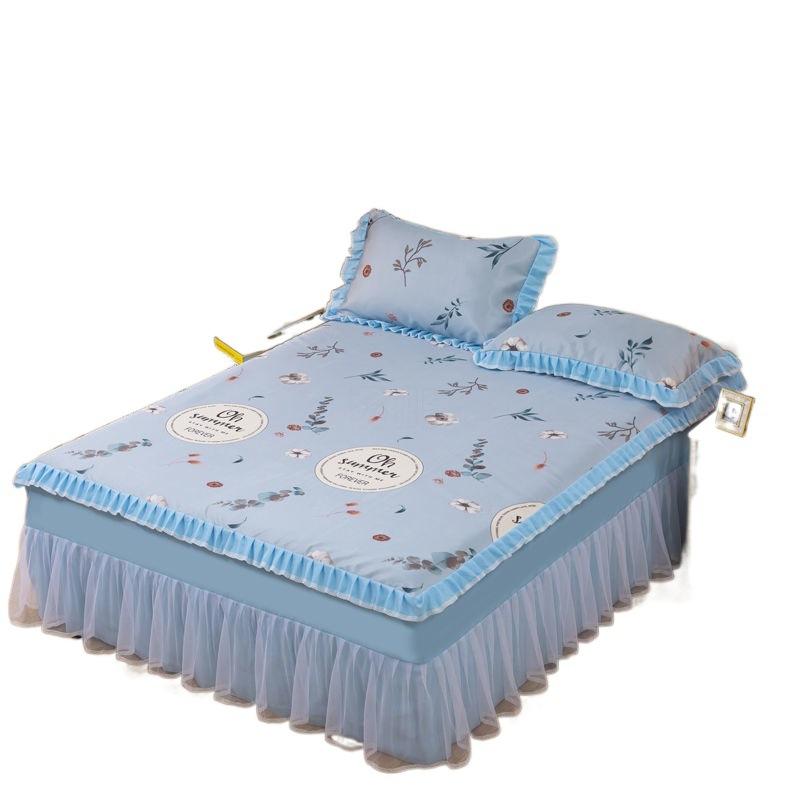 Summer Bed Skirt Ice Silk Summer Mat Water Machine Washable Folding Bed Cover Single Double Air Conditioning Soft Mat Three-Piece Set