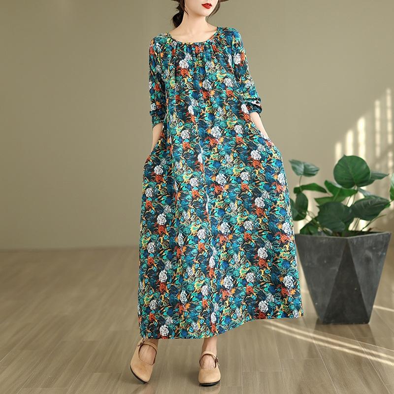 Long sleeve plus size cotton vintage floral new in dresses for women casual loose spring autumn dress
