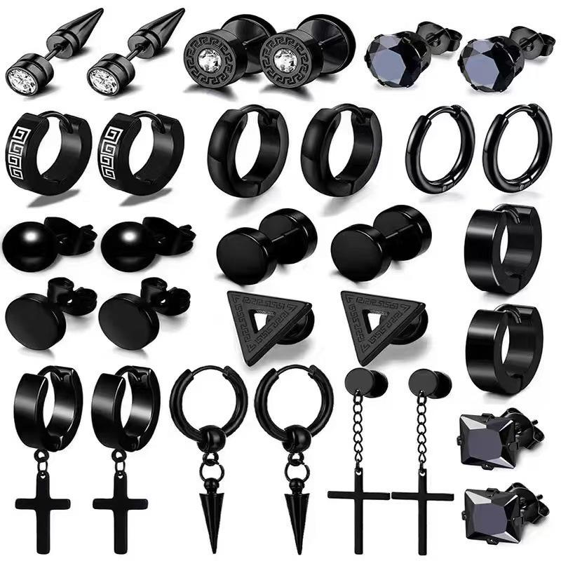 15 Paare Herren Edelstahl Kreuz-Creolen & Zirkonia Stecker-Ohrringe Set 15 Pairs Set schwarz