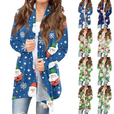 Damen Modischer Locker Geschnittener Lässiger Cardigan mit Weihnachtsdruck Mittellanger Mantel