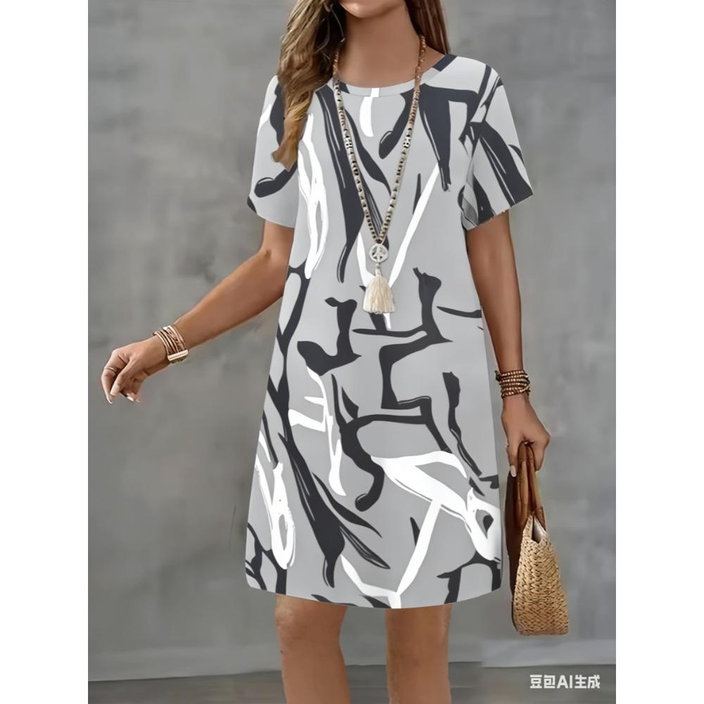 Artistic stripe print dress - Summer women's casual short-sleeved mini skirt