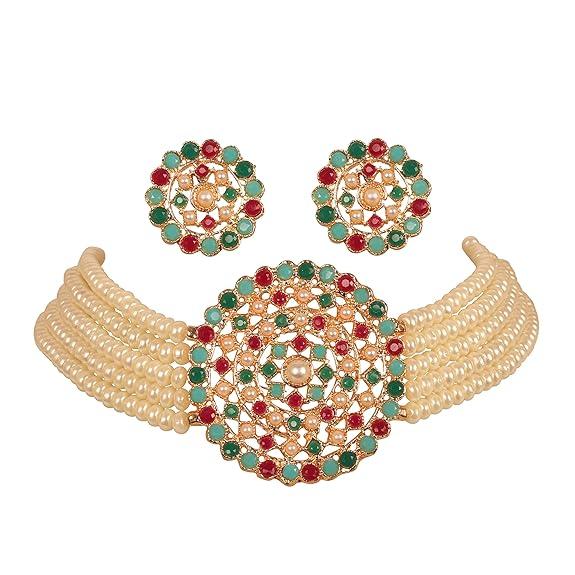Indian Bollywood Traditional Faux Pearls Grand Designer Jewelry Choker Necklace Set in Antique Gold Tone for Women