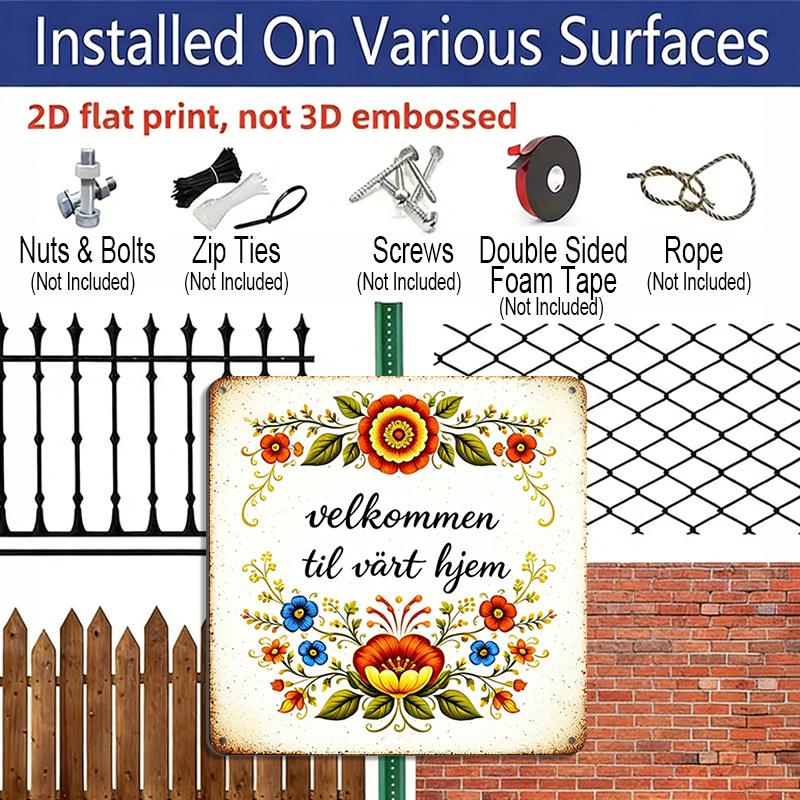 2D Flat, 1pc Scandinavian Folk Art Aluminum Welcome Sign - Retro Nordic Wall-Mounted Floral & Suitable for Entrance, Porch, Garden - Seasonal Holiday
