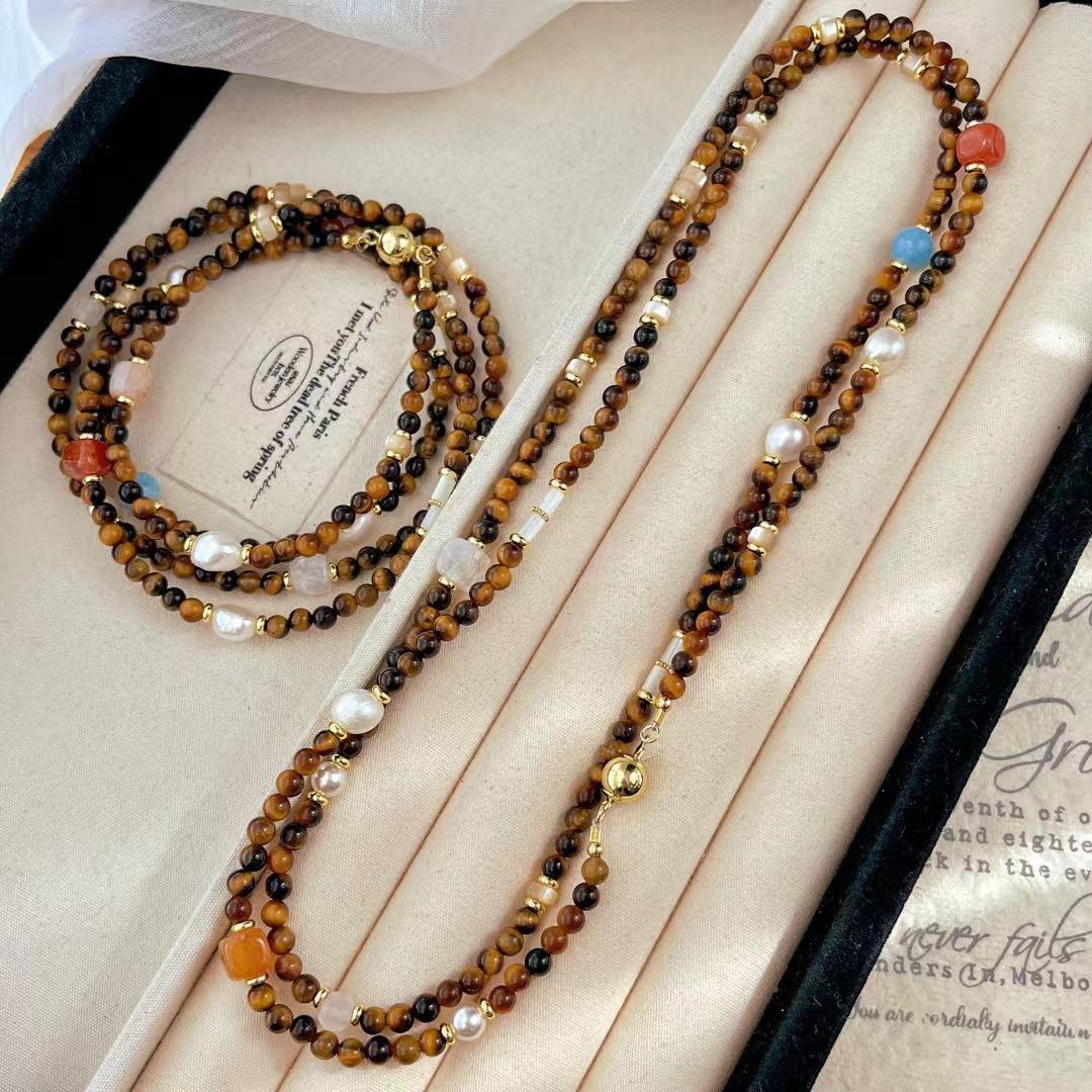 Vintage Maillard Antique Natural Tiger S Eye Shell White Crystal Chalcedony Sweater Chain Long Chain Necklace