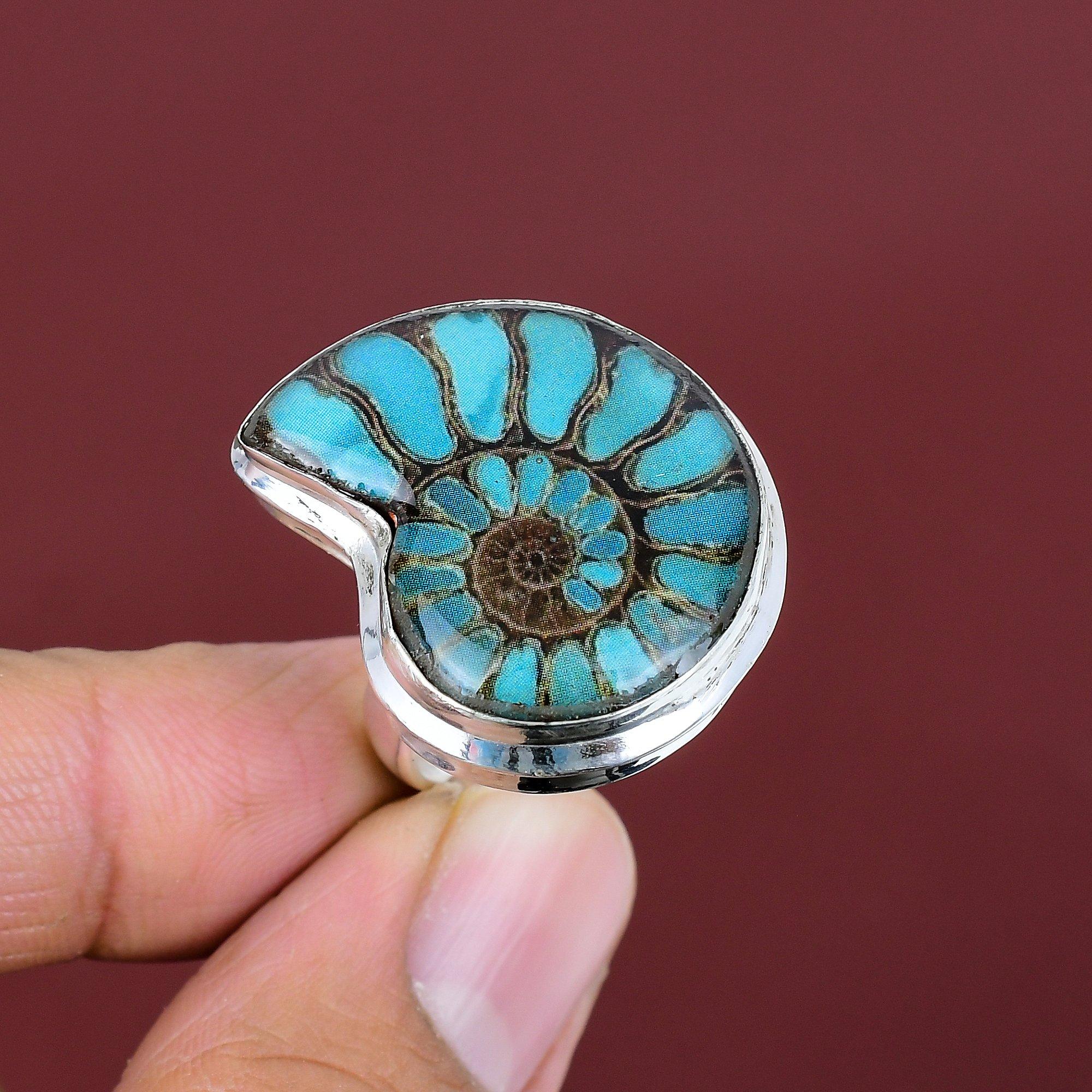 

Blue turquoise in ammonite fossil ring unique jewelry gemstone ring 925 sterling silver ring adjustable ring handmade jewelry gifts for mom Adjustable