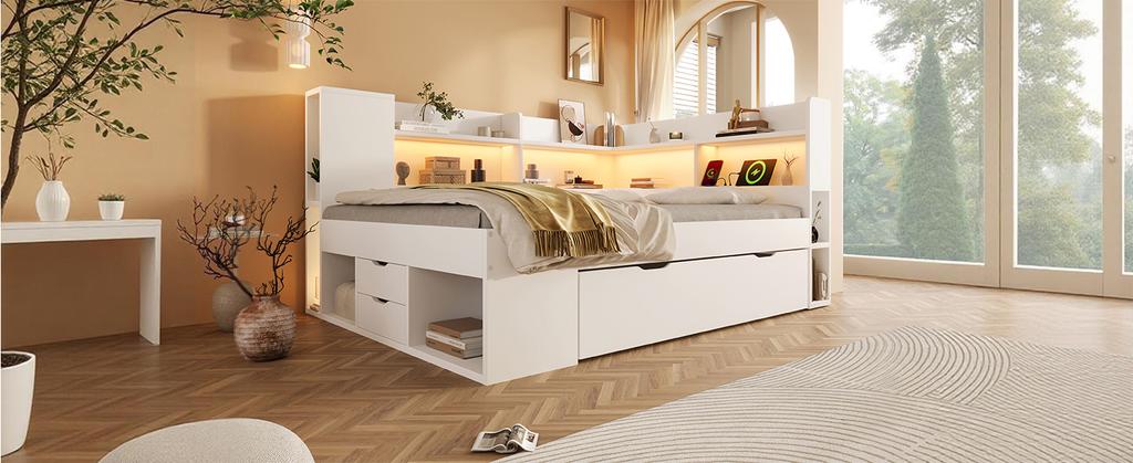Daybed 140x200 cm Bianco Letto Singolo/Doppio per Ospiti, Base in Legno, Illuminazione a LED, Ricarica USB e Type-C, Mensole e Cassetti, incl.. Struttura a doghe (Con Materasso)