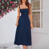 Women Sleeveless Dress Spaghetti Strap Square Neck Midi Dress Lace-Up Swing Long Dress Flowy A-Line