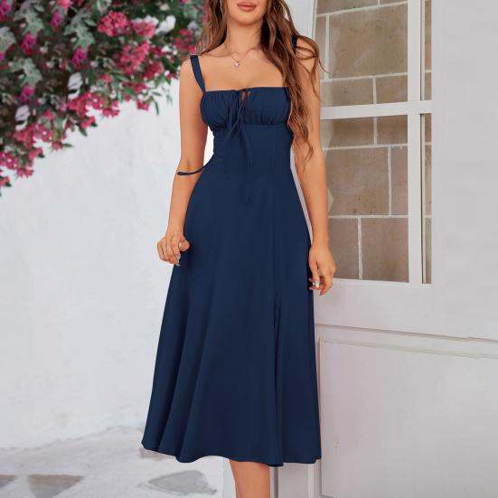 Women Sleeveless Dress Spaghetti Strap Square Neck Midi Dress Lace-Up Swing Long Dress Flowy A-Line