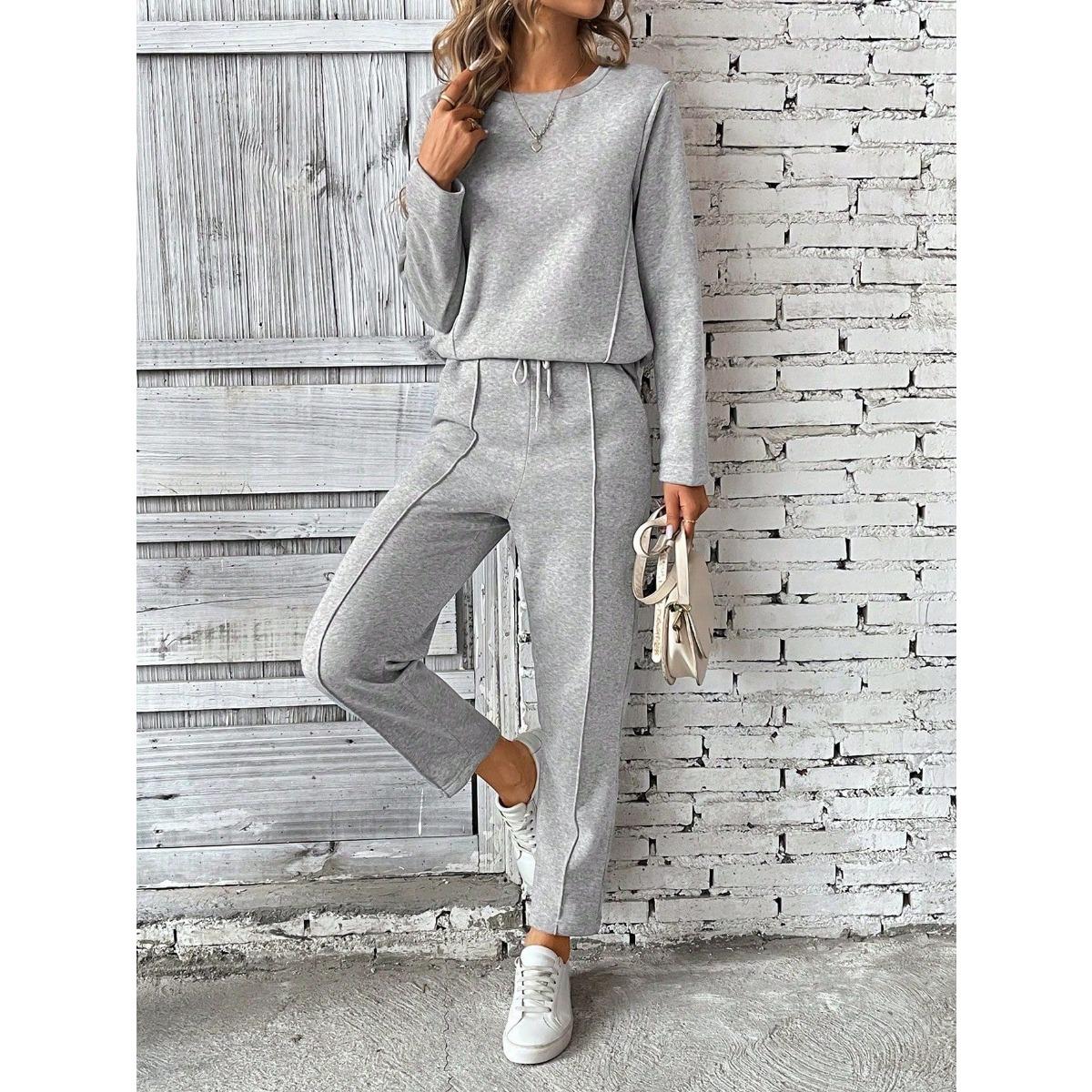 

Женский повседневный модный однотонный брючный костюм на кулиске - Длинный рукав, круглый вырез, полиэстер, для ношения весной/осенью, повседневная одежда|Круглый вырез XS