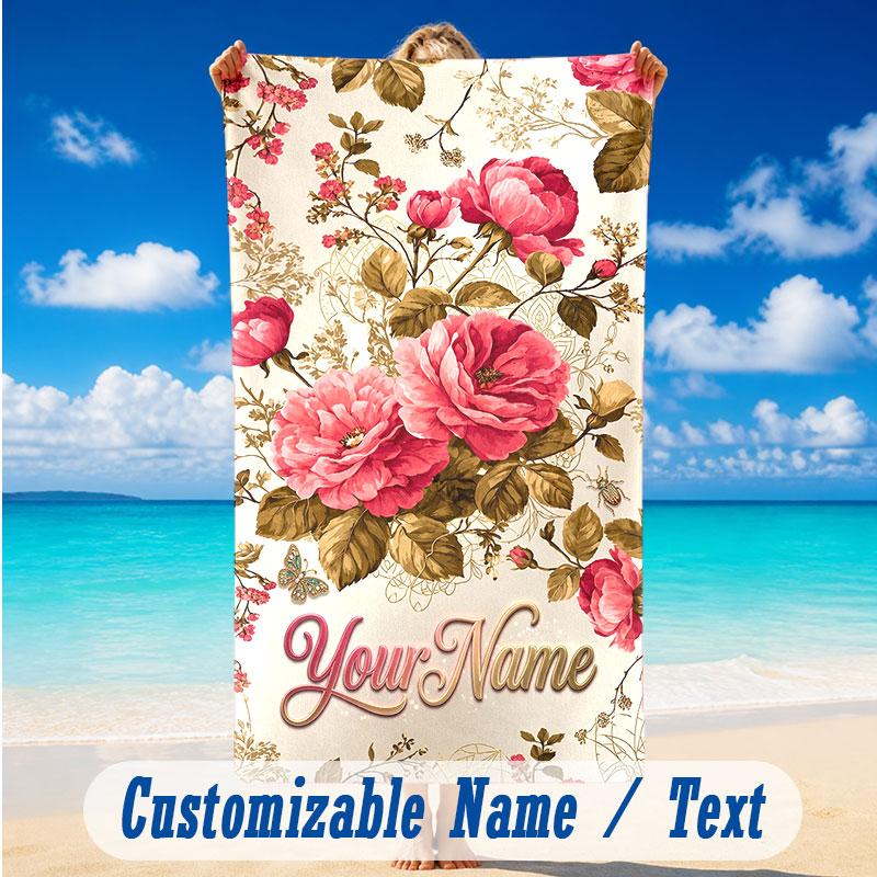 Floral Garden Theme Beach Towel Personalized Custom Name & Text Soft Quick Dry Beach Towel for Swimming Travel