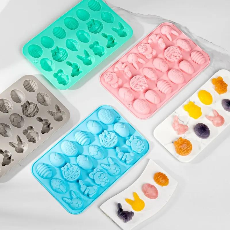 Easter Silicone Chocolate Moulds 18 Cavity Egg Bunny Rabbit Head Basket Shapes Mould for DIY Chocolate Candy Jelly Mooncake Mold