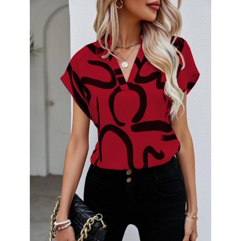 Chemise d'été pour femme Manches chauve-souris Hauts Dame Élégant Simple Imprimé Décontracté Chemisier pour femme Nouvelle Mode Vacances à la plage Lâche Vêtements féminins