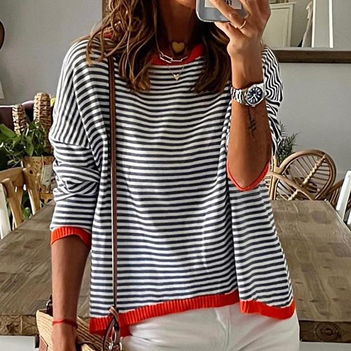 

JKASHDK Женские модные повседневные пуловеры с круглым вырезом и длинными рукавами, весна-осень с полосатым принтом S белый