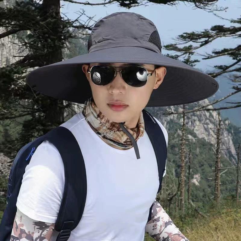 Large Brim Sunscreen Bucket Hat with Rope Women Summer Anti-Uv Sun Protection Hat Outdoor Men Foldable Adjust Hiking Fishing Cap