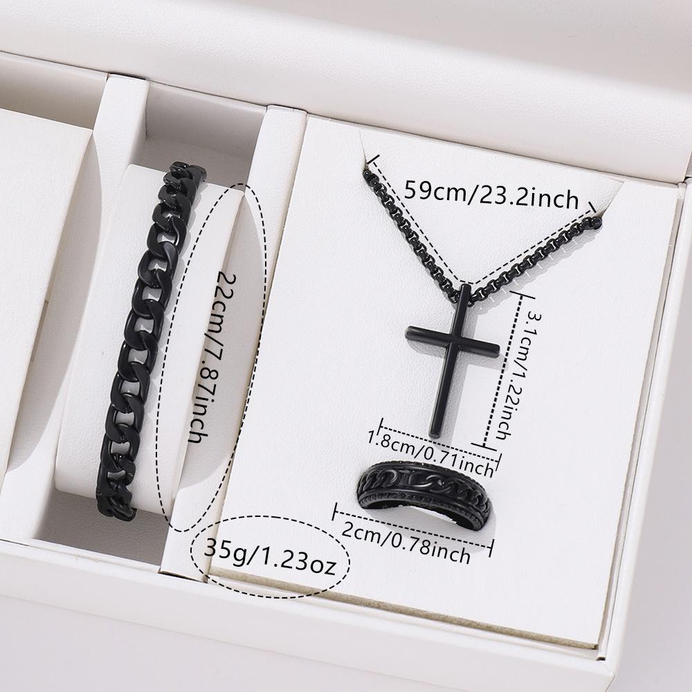 3 Piece Men Fashion Personality Simple Black Stainless Steel Non Fading Cross Necklace Ring Bracelet Set Accessories
