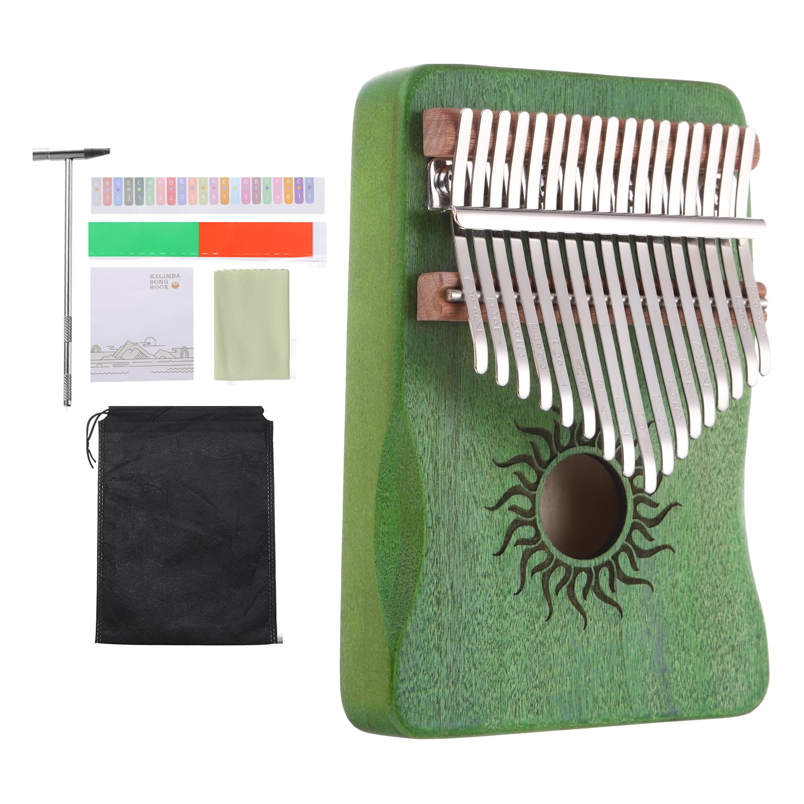 

uxcell 17-Key Green Mini Portable Thumb Piano, Maple Wood with Sun Pattern, Protective Bag, Tuning Hammer, and Music Study Guide, Gift for Adults and