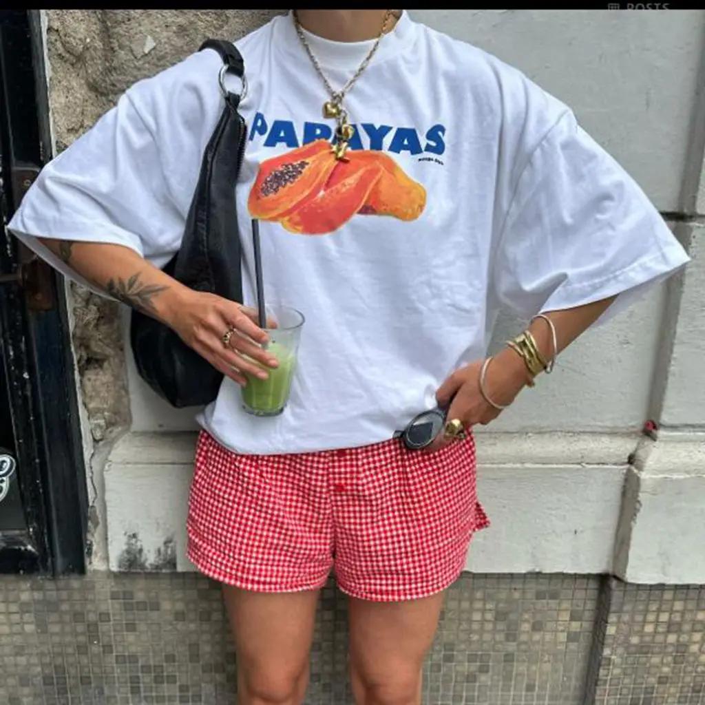 Women's Summer Basic Y2K T-Shirt Chili/ Fig/ Ocean/ Lamp Print Casual Short Sleeve Tops for Streetwear Aesthetic Clothes Y2k Top