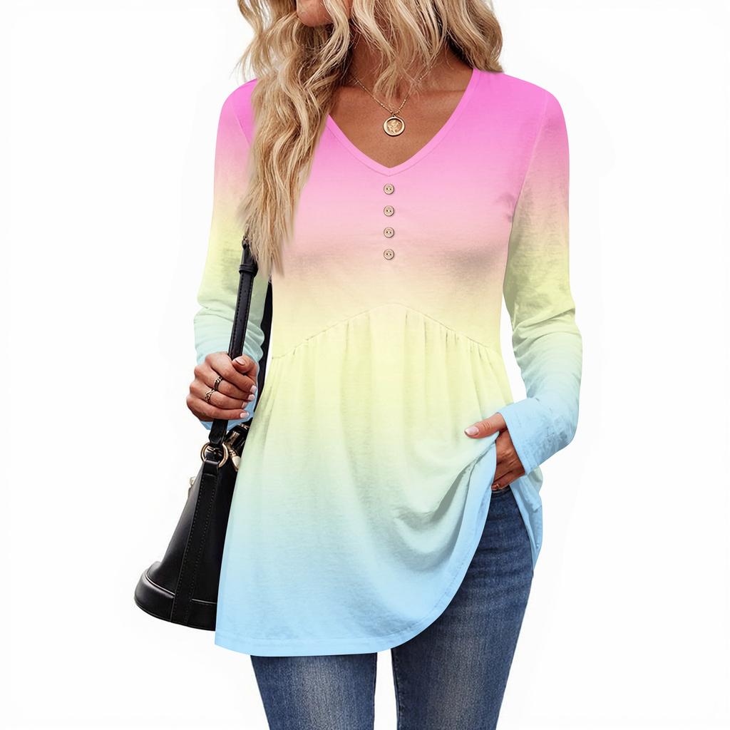 Women's Casual Fashion V-Neck Button Gradient Long Sleeve Top