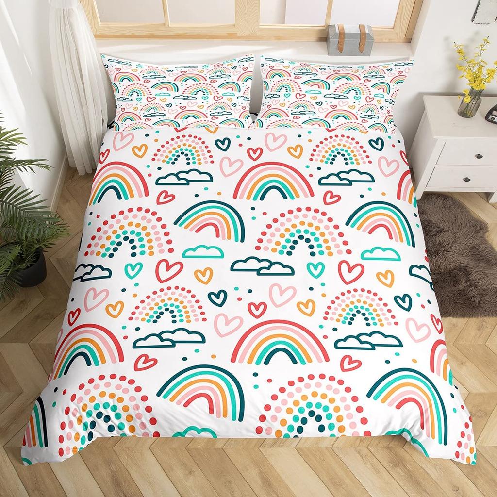 Kawaii Rainbow Duvet Cover Cartoon Iridescent Print Bedding Set For Girls Kids Room Twin,Cute Stars Clouds Decor Comforter Cover