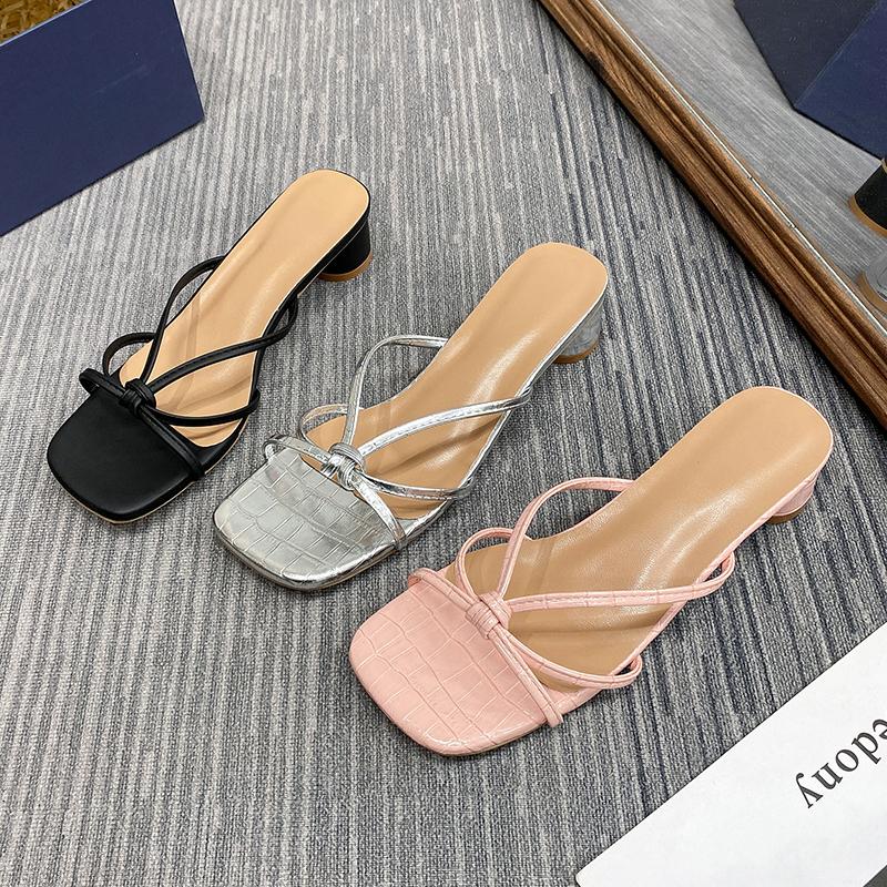 High Heels Comfortable New Summer Solid Leather Slippers Female Shoes Women Shoes Woman Fashion Cool Mules Slides Flip Flops