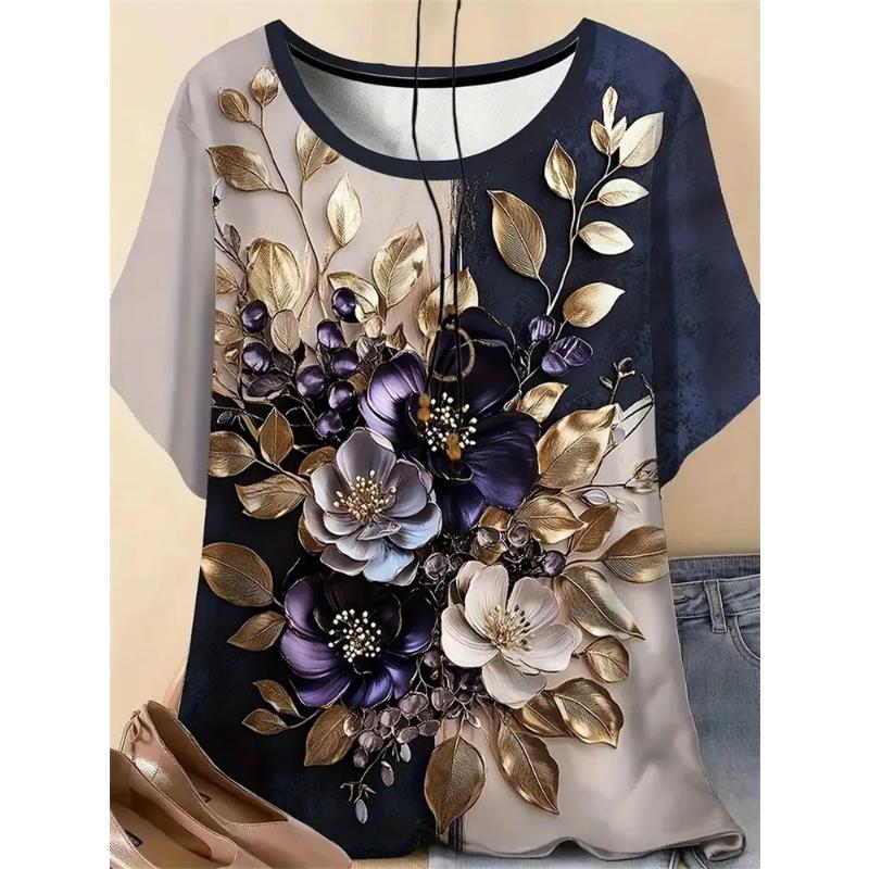 Fashion Women's Crew Neck Short Sleeve 3D Flower Color Printing Flower Short Sleeve Crew Neck T-Shirt