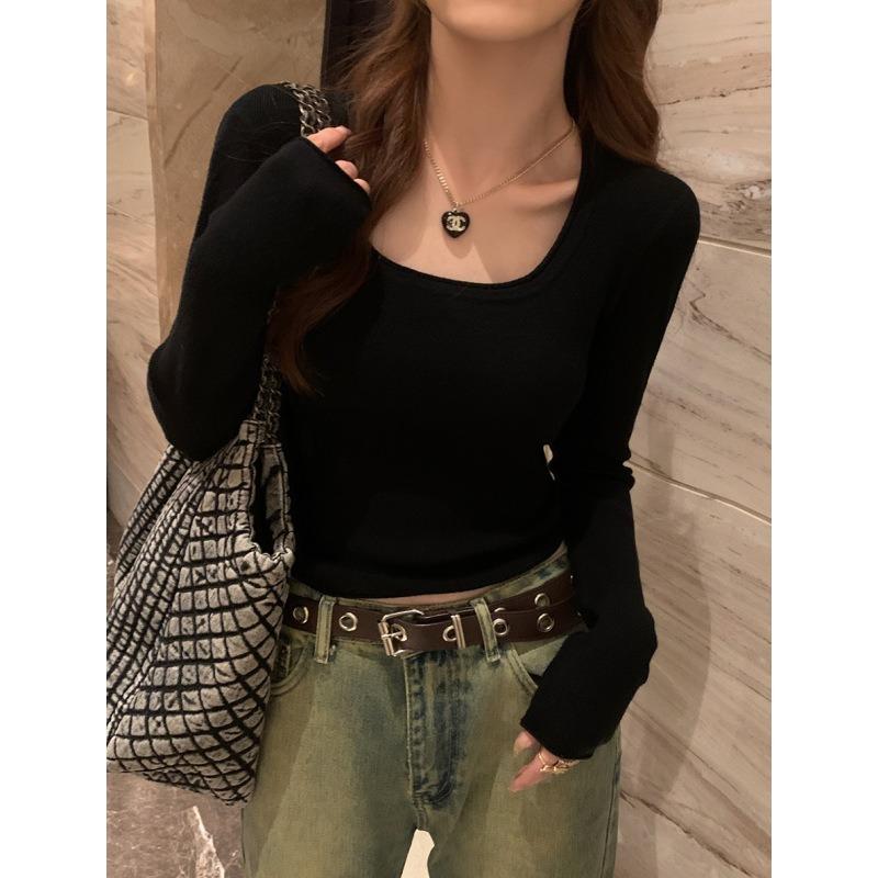 Curled Square Neck Leaking Collarbone Knitted Sweater Women's Spring Slim-fitting and Thin Inner Top, High-end Bottoming Shirt