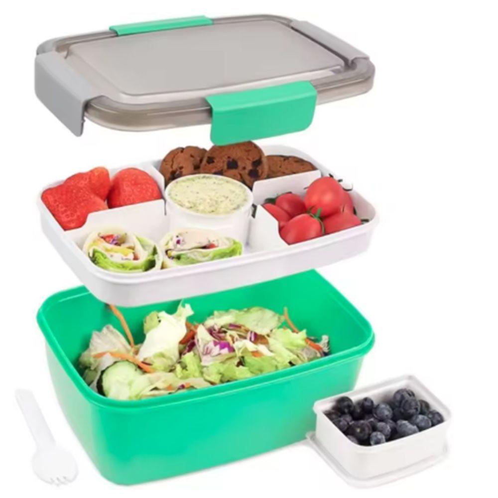 2 Layer Lunch Box Leak Proof 2000ML Food Storage Container with Dressing Container Compartment Salad Box Microwave Safe