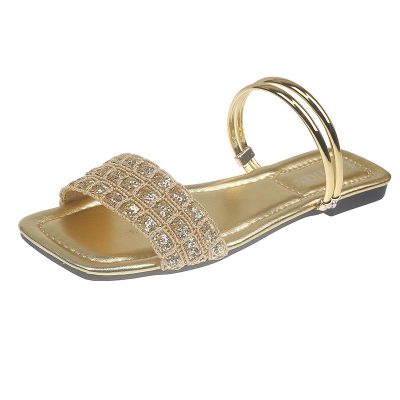 Large size flat slippers women's summer new rhinestone sequins one word belt outer wear fashion two wear sandals women