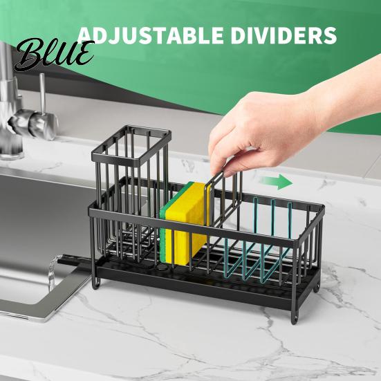 Rustproof Kitchen Storage Sink Caddy Organizer with Drain Tray, Durable Carbon Steel Sponge Holder, Detachable Dish Brush Rack Space Saving