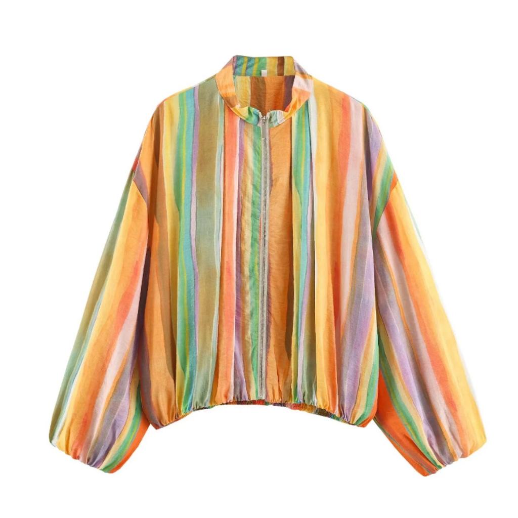 Women's Striped Bomber Jacket, Loose Fit Long Sleeve Stand Collar Pilot Jacket