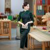 Elegant Green Long Sleeve Cheongsam Dress Women Vintage Inspired Modern Qipao Slim Fit Daily Wear