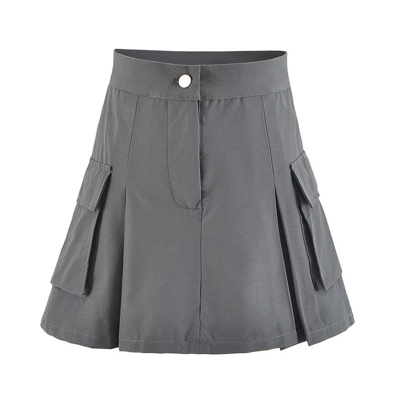 

Preppy Style Minimalist Micro-Elastic Large Pocket High Skirt Grey Pocket Skirt L